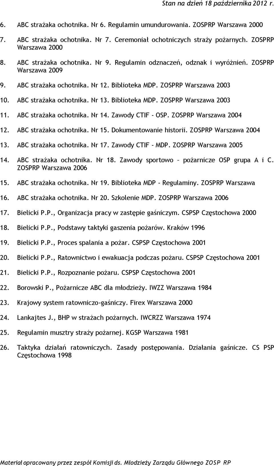 Biblioteka MDP. ZOSPRP Warszawa 2003 11. ABC strażaka ochotnika. Nr 14. Zawody CTIF - OSP. ZOSPRP Warszawa 2004 12. ABC strażaka ochotnika. Nr 15. Dokumentowanie historii. ZOSPRP Warszawa 2004 13.