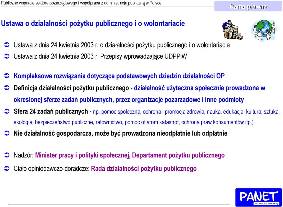 Przepisy wprowadzające UDPPiW Kompleksowe rozwiązania dotyczące podstawowych dziedzin działalności OP Definicja działalności pożytku publicznego -działalność użyteczna społecznie prowadzona w