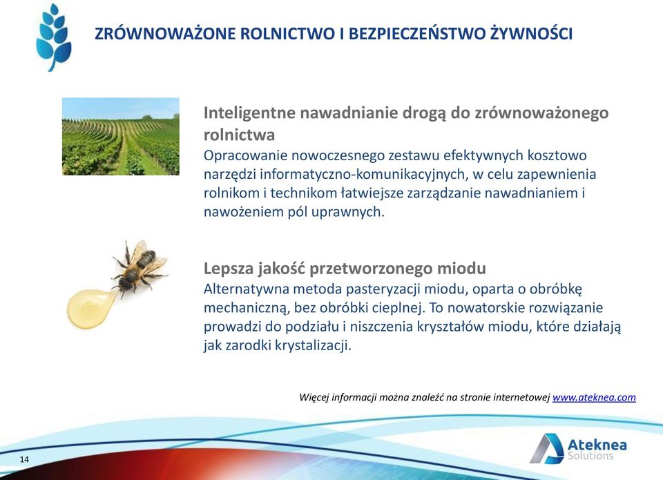 Lepsza jakość przetworzonego miodu Alternatywna metoda pasteryzacji miodu, oparta o obróbkę mechaniczną, bez obróbki cieplnej.