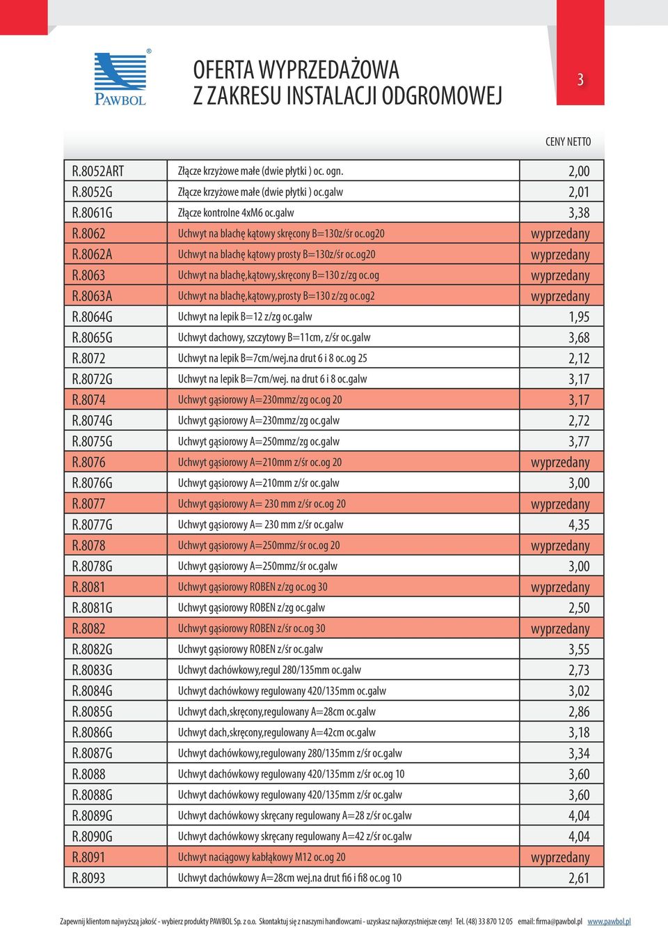 og wyprzedany R.8063A Uchwyt na blachę,kątowy,prosty B=130 z/zg oc.og2 wyprzedany R.8064G Uchwyt na lepik B=12 z/zg oc.galw 1,95 R.8065G Uchwyt dachowy, szczytowy B=11cm, z/śr oc.galw 3,68 R.