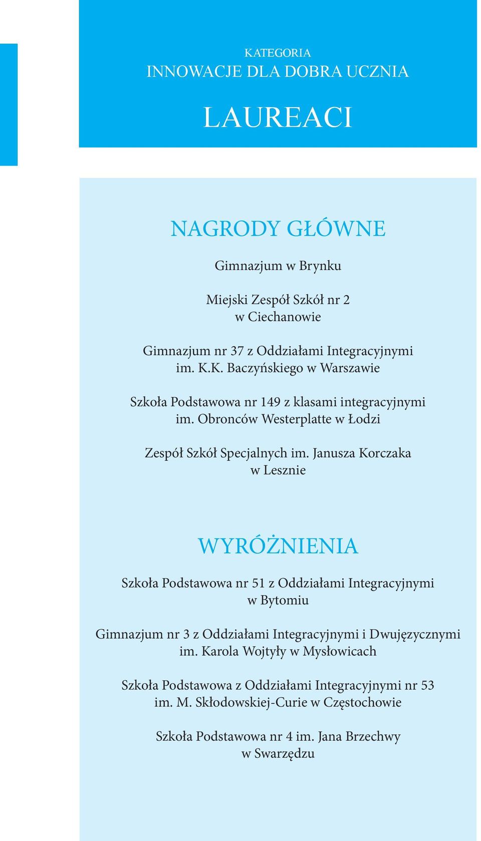 Janusza Korczaka w Lesznie WYRÓŻNIENIA Szkoła Podstawowa nr 51 z Oddziałami Integracyjnymi w Bytomiu Gimnazjum nr 3 z Oddziałami Integracyjnymi i Dwujęzycznymi im.