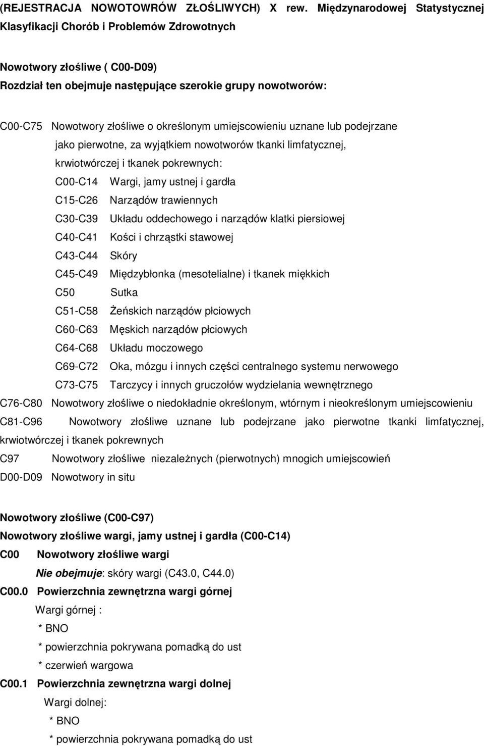 określonym umiejscowieniu uznane lub podejrzane jako pierwotne, za wyjątkiem nowotworów tkanki limfatycznej, krwiotwórczej i tkanek pokrewnych: C00-C14 Wargi, jamy ustnej i gardła C15-C26 Narządów