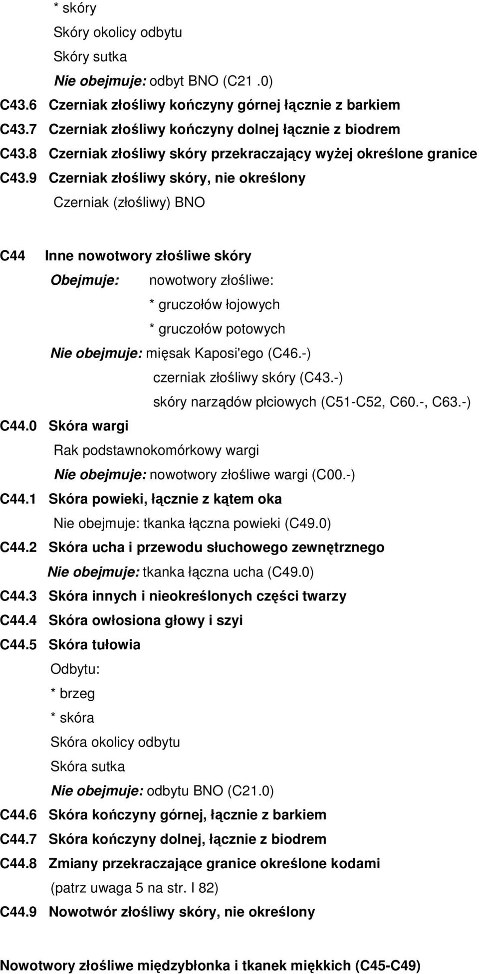 9 Czerniak złośliwy skóry, nie określony Czerniak (złośliwy) BNO C44 Inne nowotwory złośliwe skóry Obejmuje: nowotwory złośliwe: * gruczołów łojowych * gruczołów potowych Nie obejmuje: mięsak