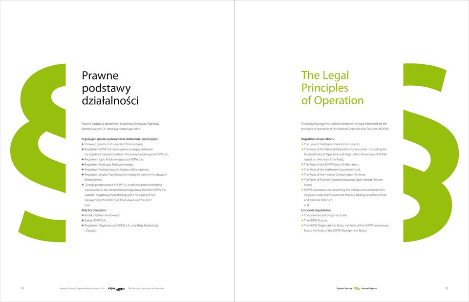 wykonywania działalności operacyjnej: + Ustawa o obrocie instrumentami finansowymi, + Regulamin KDPW S.A. oraz wydane na jego podstawie: Szczegółowe Zasady Działania i Procedury Ewidencyjne KDPW S.A., + Regulamin Sądu Polubownego przy KDPW S.