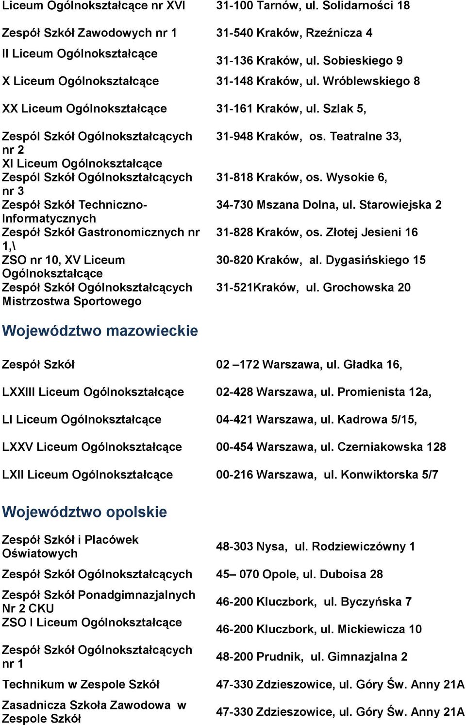 Szlak 5, Zespól Szkół Ogólnokształcących nr 2 XI Liceum Zespól Szkół Ogólnokształcących nr 3 Zespół Szkół Techniczno- Informatycznych Zespół Szkół Gastronomicznych nr 1,\ ZSO nr 10, XV Liceum Zespół