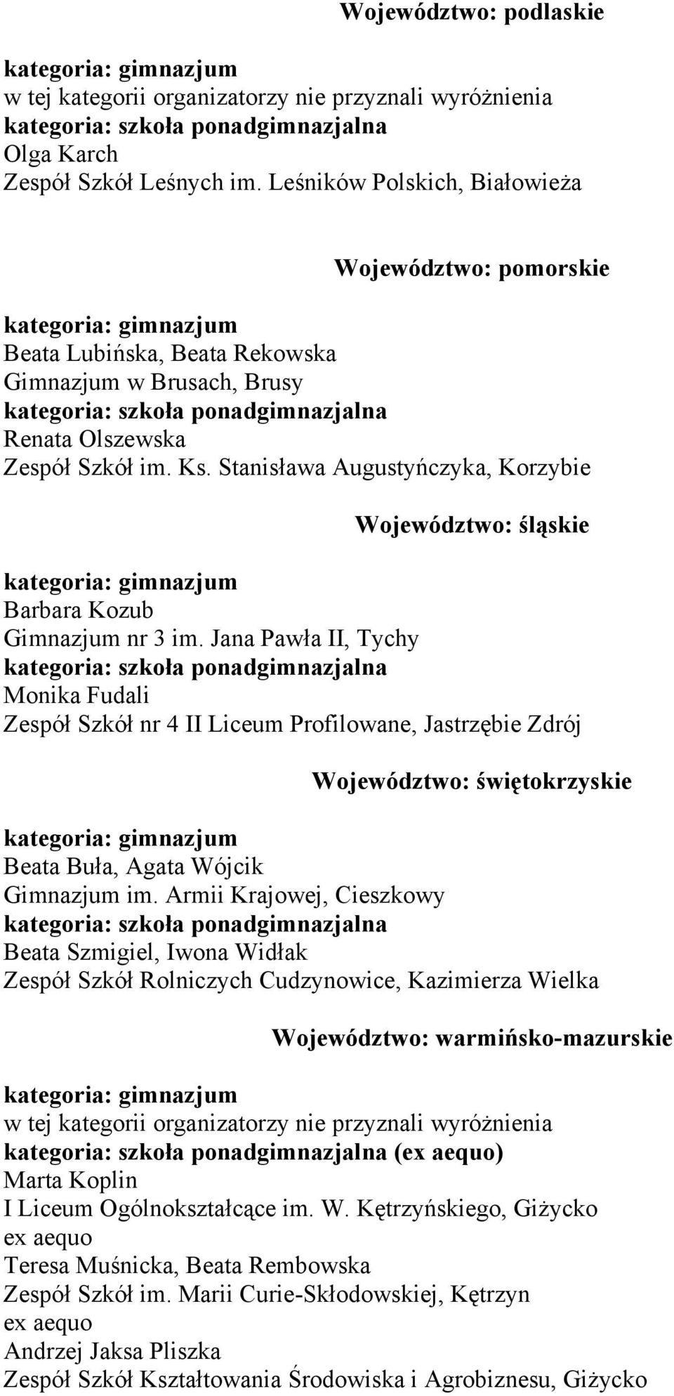 Stanisława Augustyńczyka, Korzybie Województwo: śląskie Barbara Kozub Gimnazjum nr 3 im.