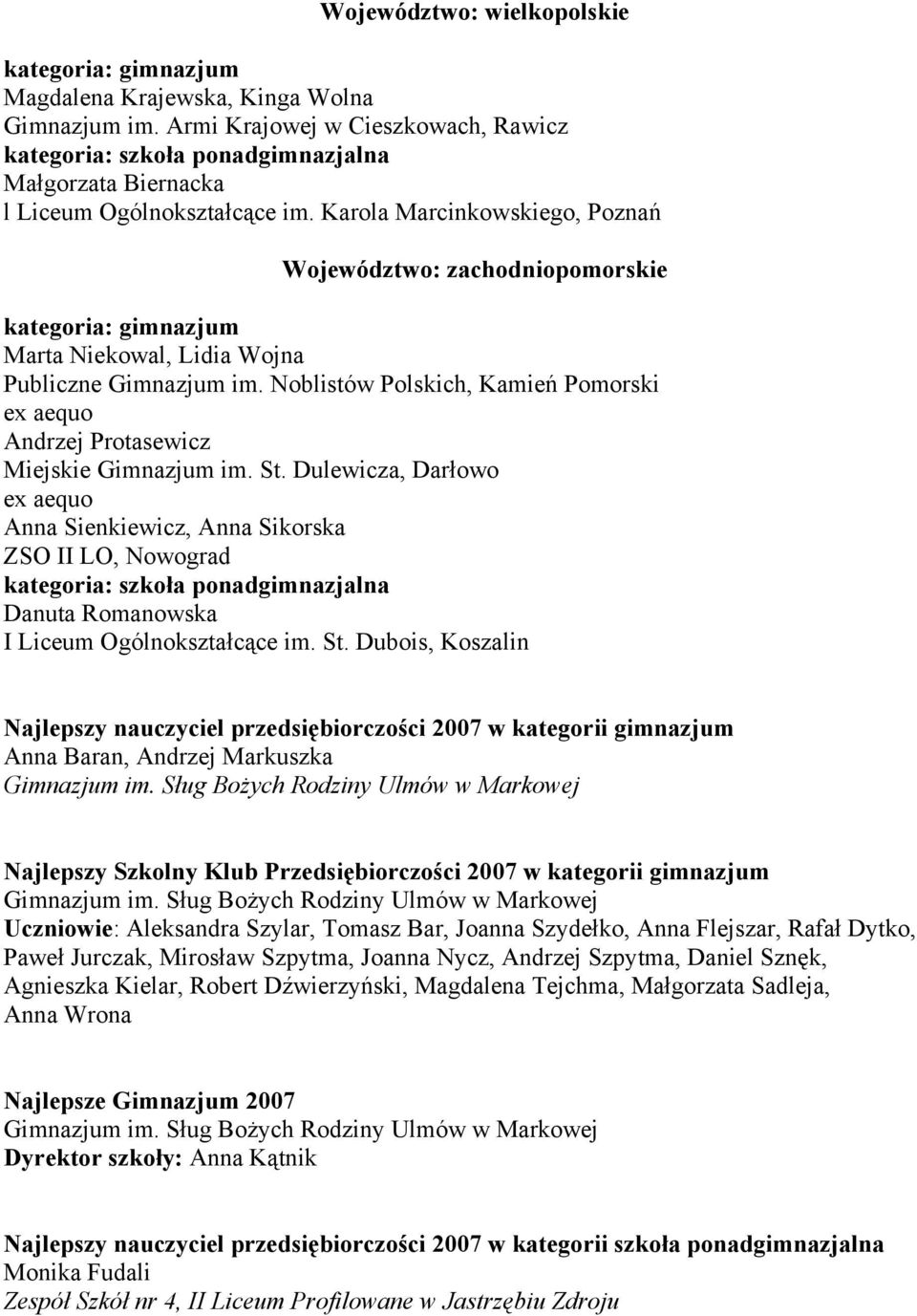 Dulewicza, Darłowo Anna Sienkiewicz, Anna Sikorska ZSO II LO, Nowograd Danuta Romanowska I Liceum Ogólnokształcące im. St.