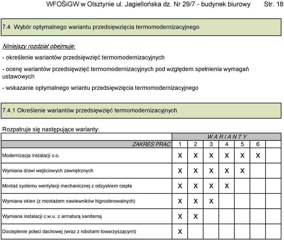 termomodernizacyjnych pod względem spełnienia wymagań ustawowych - wskazanie optymalnego wriantu przedsięwzięcia termomodernizacyjnego 7.4.