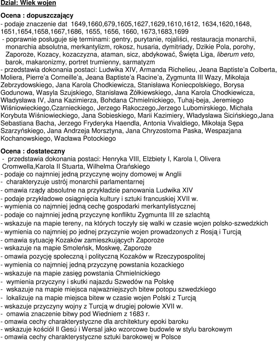 abdykować, Święta Liga, liberum veto, barok, makaronizmy, portret trumienny, sarmatyzm - przedstawia dokonania postaci: Ludwika XIV, Armanda Richelieu, Jeana Baptiste a Colberta, Moliera, Pierre a