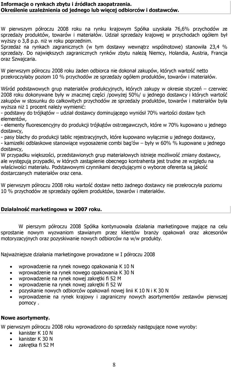 Sprzedaż na rynkach zagranicznych (w tym dostawy wewnątrz wspólnotowe) stanowiła 23,4 % sprzedaży. Do największych zagranicznych rynków zbytu należą Niemcy, Holandia, Austria, Francja oraz Szwajcaria.