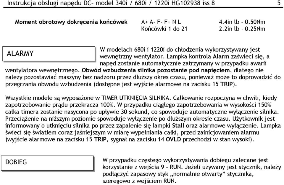 Lampka kontrola Alarm zaświeci się, a napęd zostanie automatycznie zatrzymany w przypadku awarii wentylatora wewnętrznego.