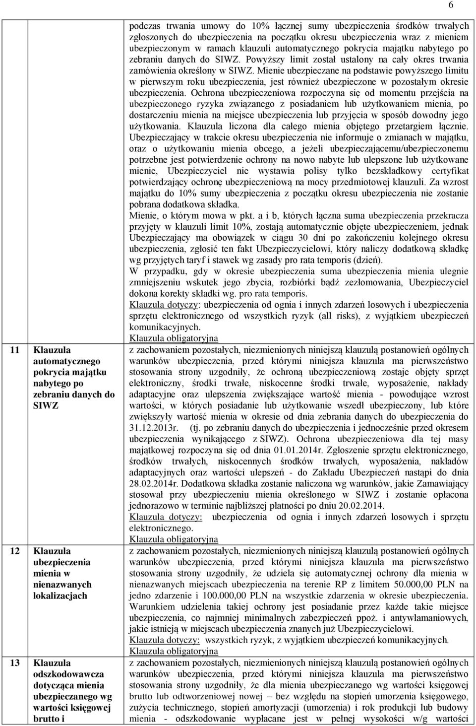 ubezpieczonym w ramach klauzuli automatycznego pokrycia majątku nabytego po zebraniu danych do SIWZ. Powyższy limit został ustalony na cały okres trwania zamówienia określony w SIWZ.