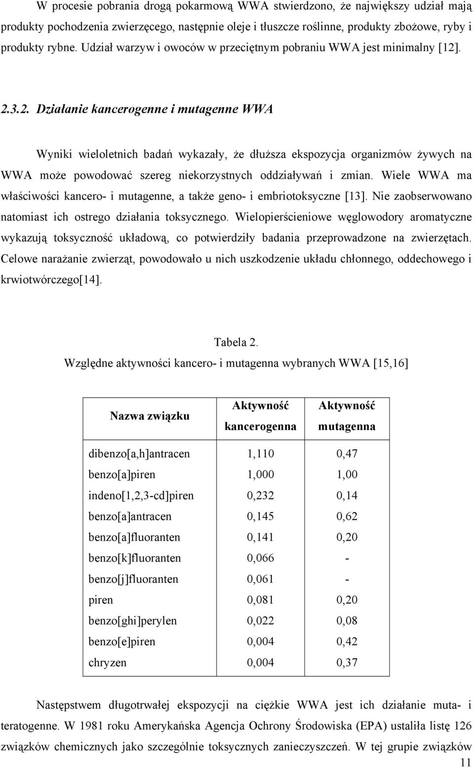 . 2.3.2. Działanie kancerogenne i mutagenne WWA Wyniki wieloletnich badań wykazały, że dłuższa ekspozycja organizmów żywych na WWA może powodować szereg niekorzystnych oddziaływań i zmian.