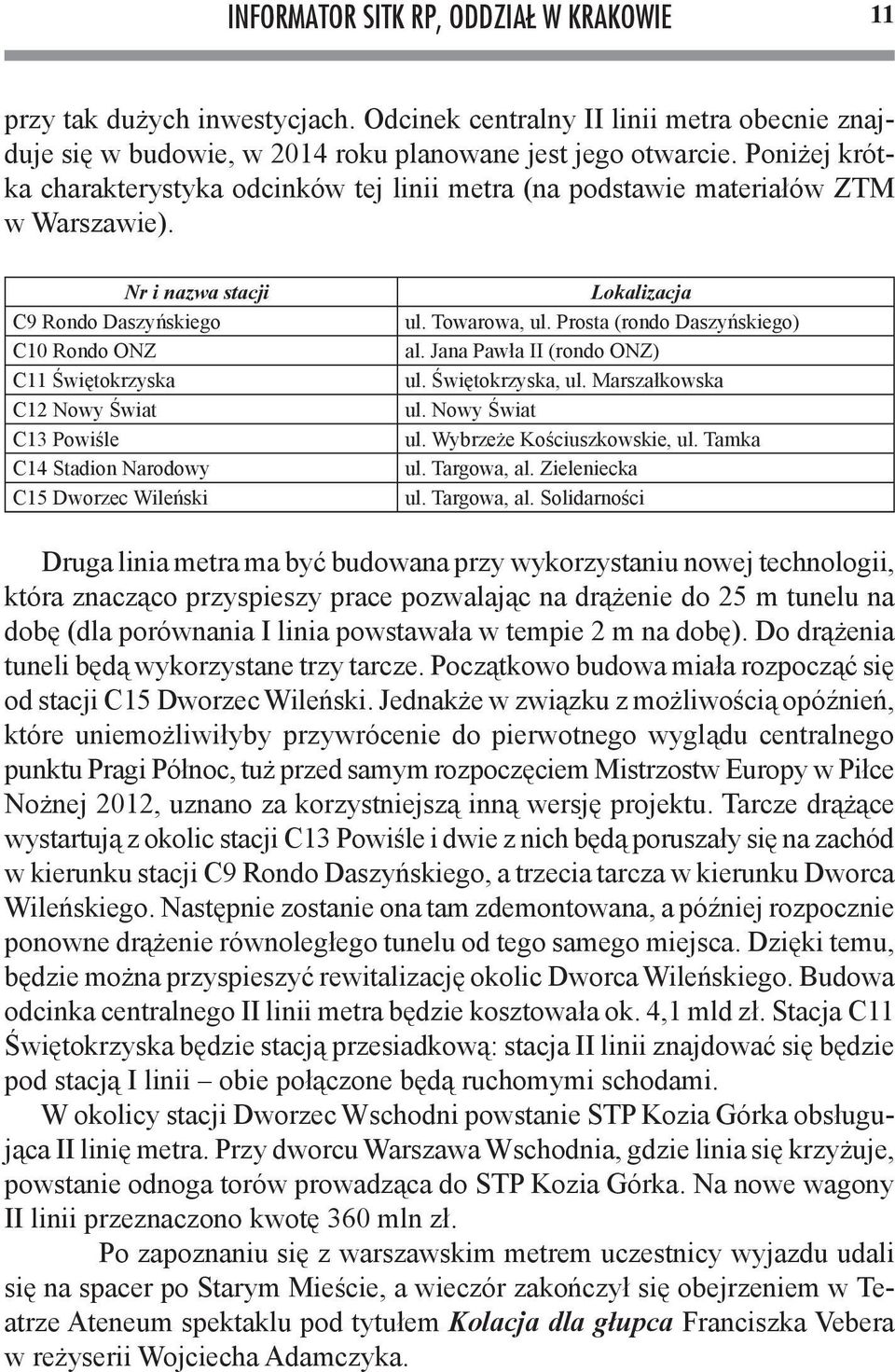 Nr i nazwa stacji C9 Rondo Daszyńskiego C10 Rondo ONZ C11 Świętokrzyska C12 Nowy Świat C13 Powiśle C14 Stadion Narodowy C15 Dworzec Wileński Lokalizacja ul. Towarowa, ul.