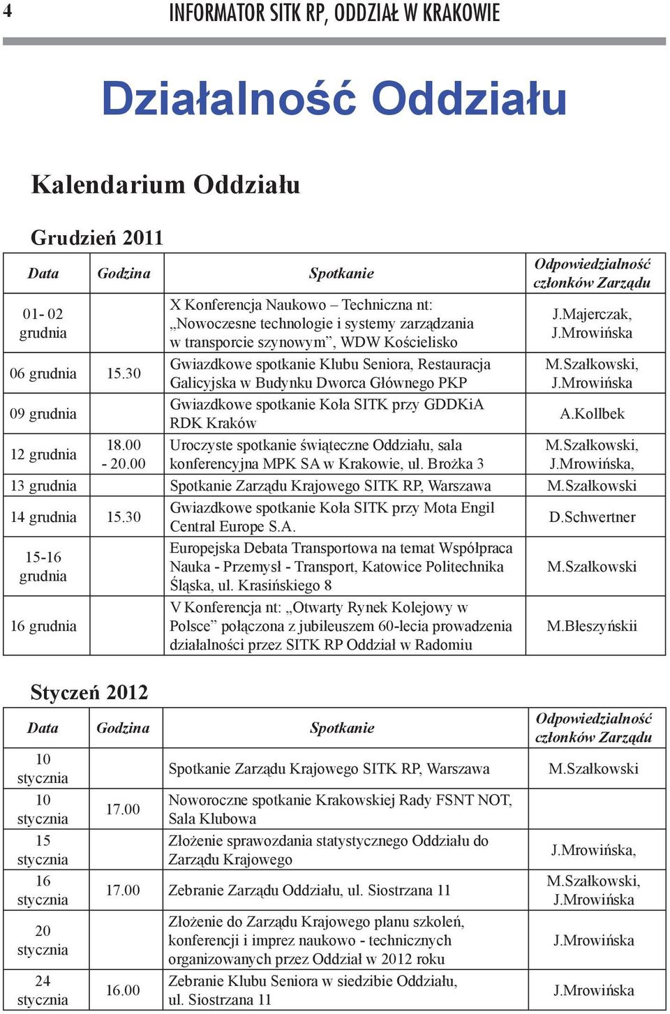 Dworca Głównego PKP Gwiazdkowe spotkanie Koła SITK przy GDDKiA RDK Kraków Uroczyste spotkanie świąteczne Oddziału, sala konferencyjna MPK SA w Krakowie, ul.