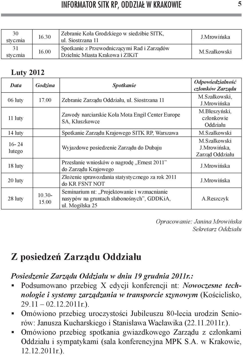 Siostrzana 11 11 luty Zawody narciarskie Koła Mota Engil Center Europe SA, Kluszkowce Odpowiedzialność członków Zarządu M.Szałkowski, J.Mrowińska M.