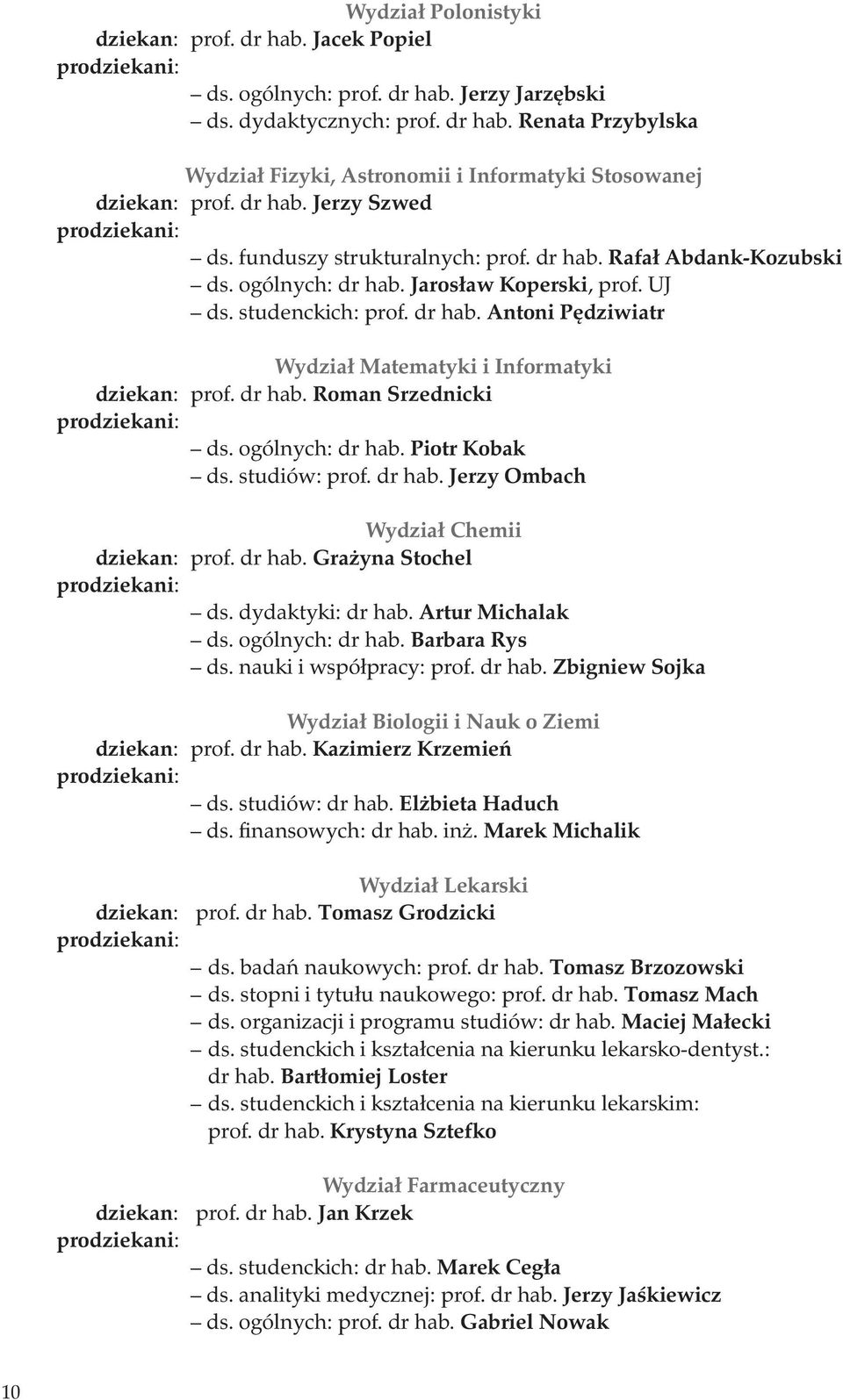 dr hab. Roman Srzednicki prodziekani: ds. ogólnych: dr hab. Piotr Kobak ds. studiów: prof. dr hab. Jerzy Ombach Wydział Chemii dziekan: prof. dr hab. Grażyna Stochel prodziekani: ds.