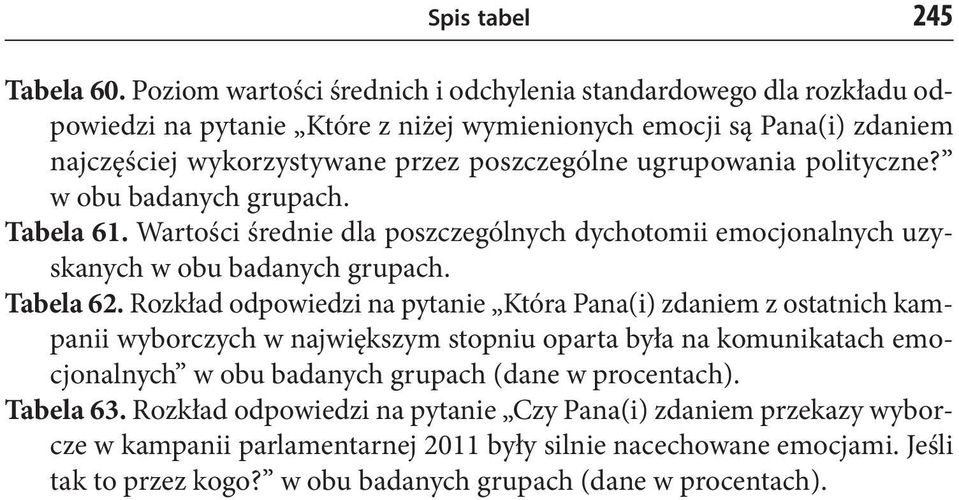 poszczególne ugrupowania polityczne? w obu badanych grupach. Tabela 61. Wartości średnie dla poszczególnych dychotomii emocjonalnych uzyskanych w obu badanych grupach. Tabela 62.