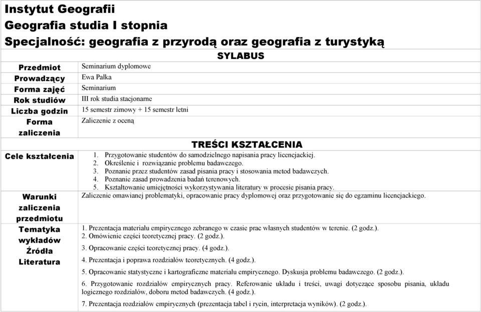 Przygotowanie studentów do samodzielnego napisania pracy licencjackiej. 2. Określenie i rozwiązanie problemu badawczego. 3. Poznanie przez studentów zasad pisania pracy i stosowania metod badawczych.