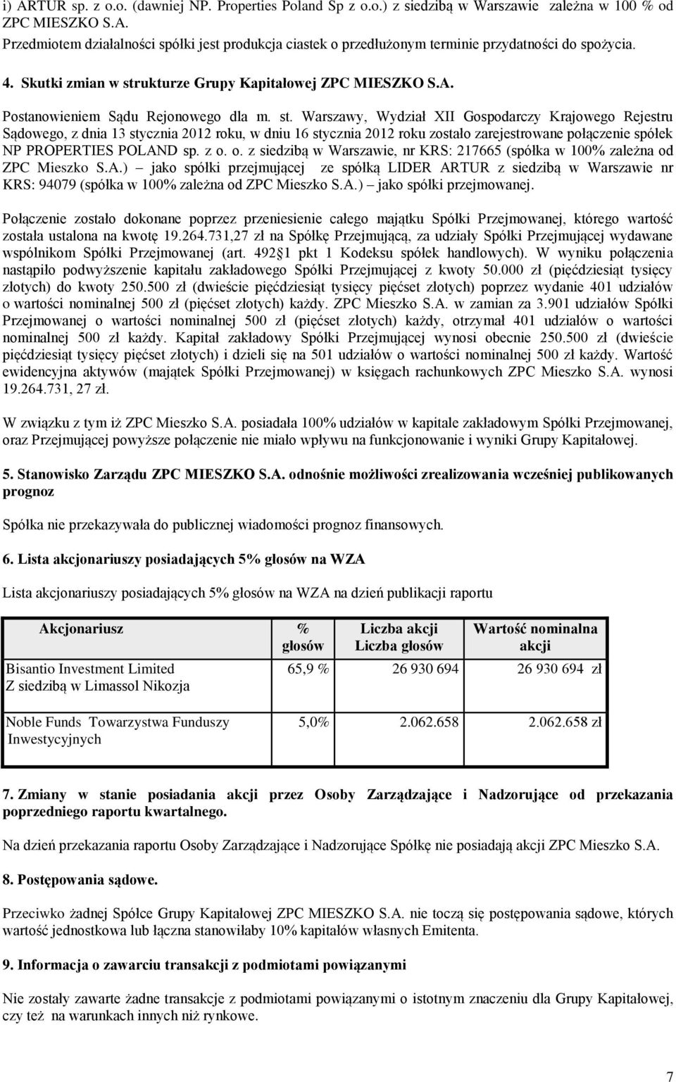 ukturze Grupy Kapitałowej ZPC MIESZKO S.A. Postanowieniem Sądu Rejonowego dla m. st.