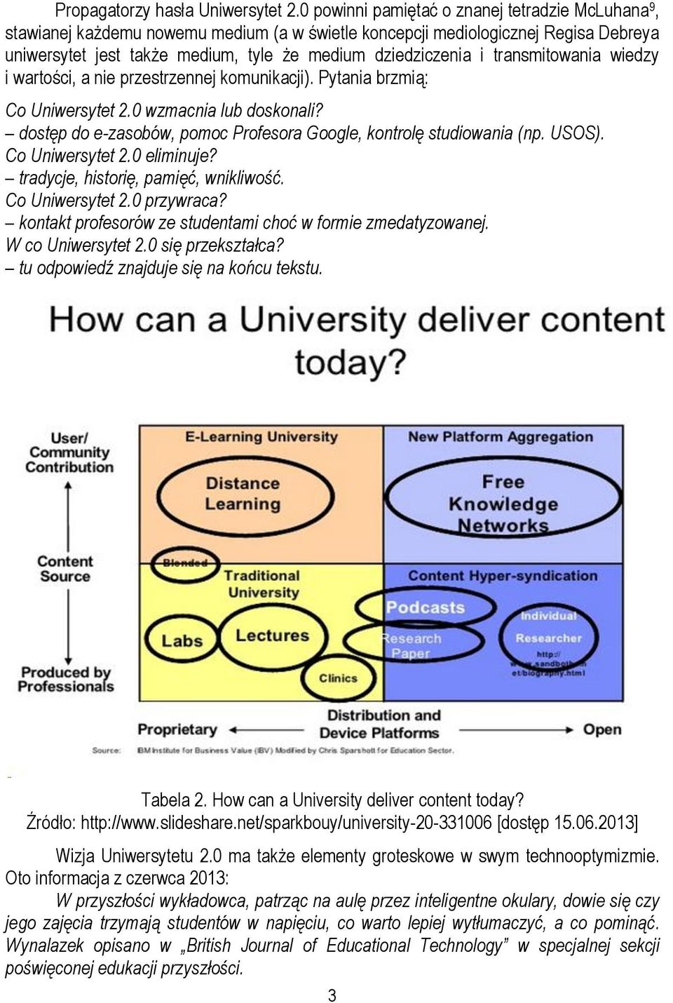 transmitowania wiedzy i wartości, a nie przestrzennej komunikacji). Pytania brzmią: Co Uniwersytet 2.0 wzmacnia lub doskonali? dostęp do e-zasobów, pomoc Profesora Google, kontrolę studiowania (np.