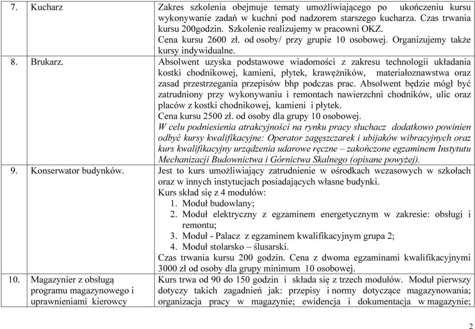 Absolwent uzyska podstawowe wiadomości z zakresu technologii układania kostki chodnikowej, kamieni, płytek, krawężników, materiałoznawstwa oraz zasad przestrzegania przepisów bhp podczas prac.