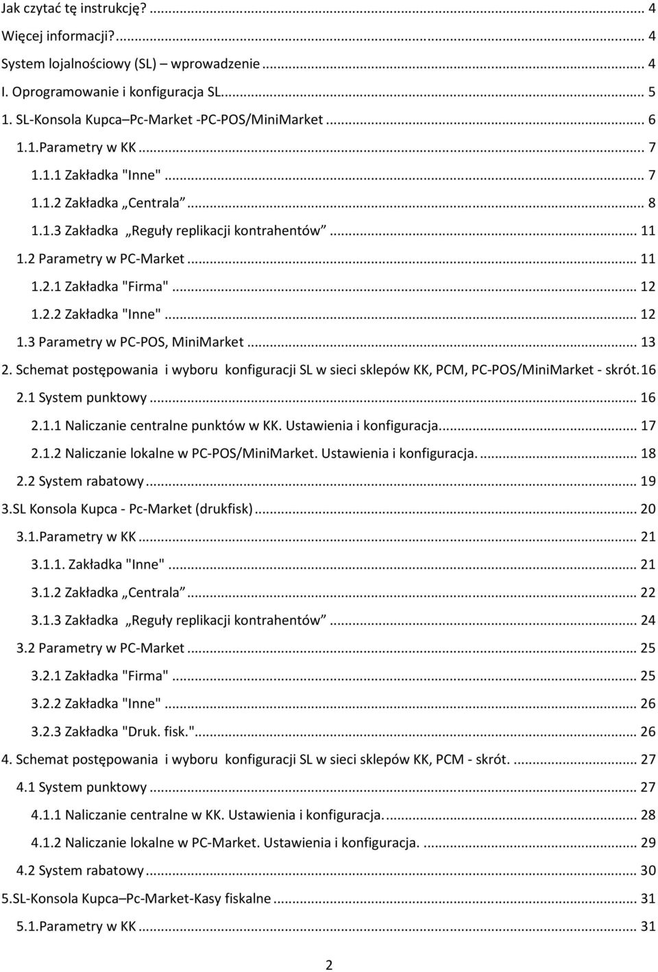 .. 12 1.3 Parametry w PC-POS, MiniMarket... 13 2. Schemat postępowania i wyboru konfiguracji SL w sieci sklepów KK, PCM, PC-POS/MiniMarket - skrót. 16 2.1 System punktowy... 16 2.1.1 Naliczanie centralne punktów w KK.