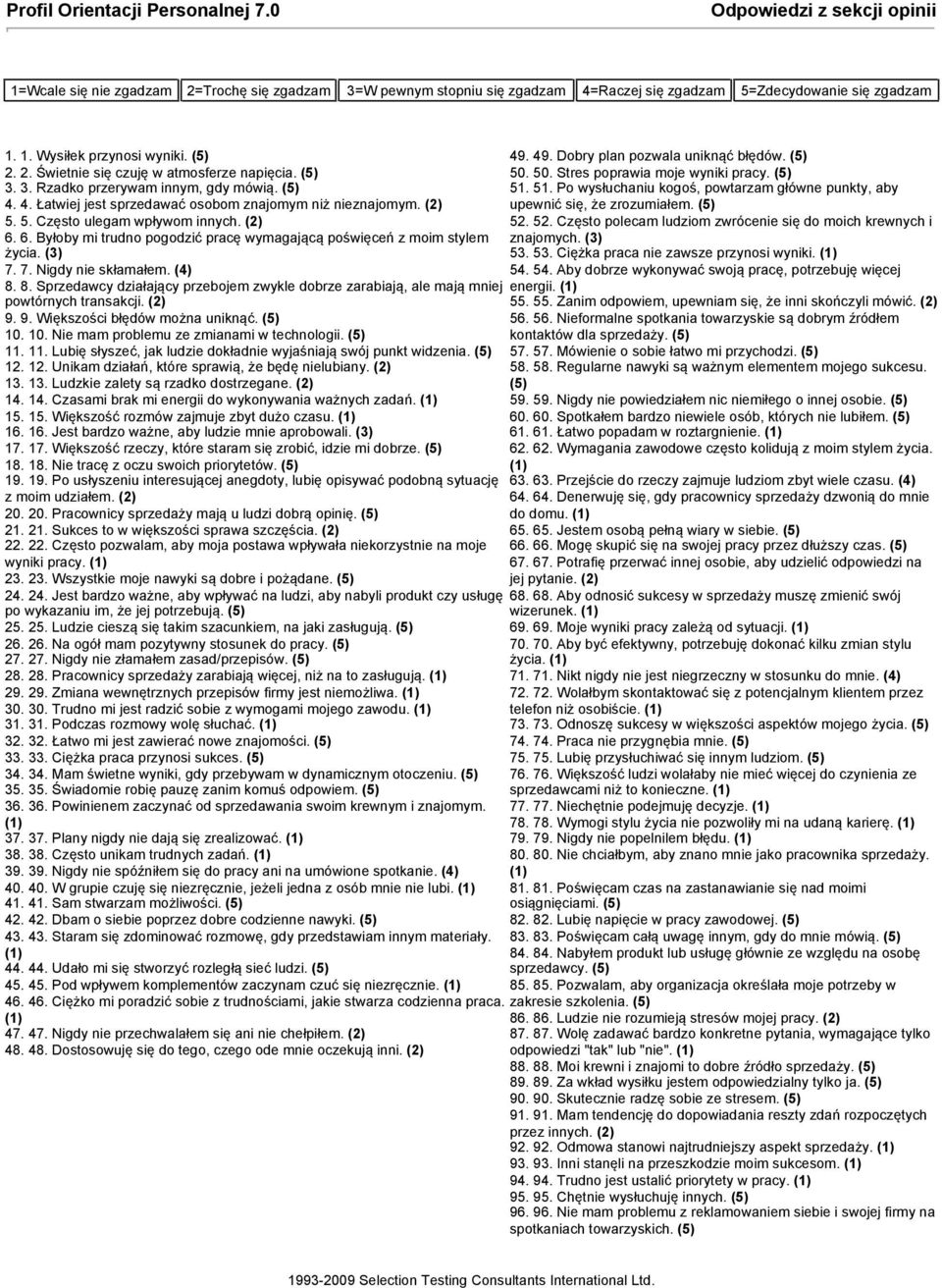 6. Byłoby mi trudno pogodzić pracę wymagającą poświęceń z moim stylem życia. (3) 7. 7. Nigdy nie skłamałem. (4) 8.