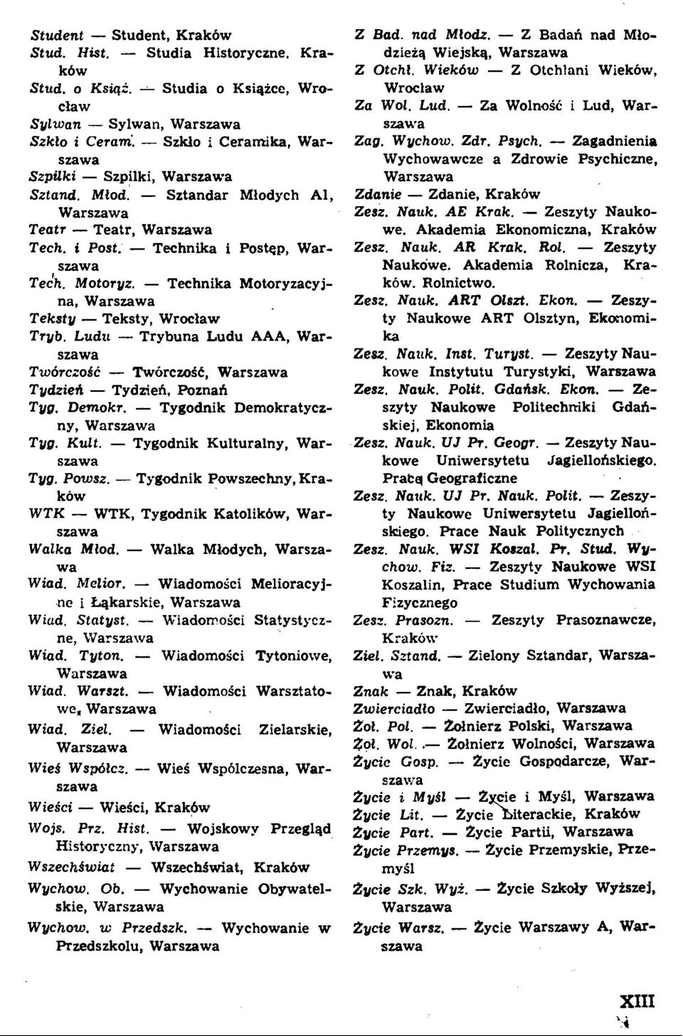 - Technika Motoryzacyjna, Warszawa Teksty - Teksty, Wroclaw Tryb. Ludli - Trybuna Ludu AAA, Warszawa Tworczoic - TworczoSC, Warszawa Tydziell - Tydzieh, Poznafi Tyg. Demokr.