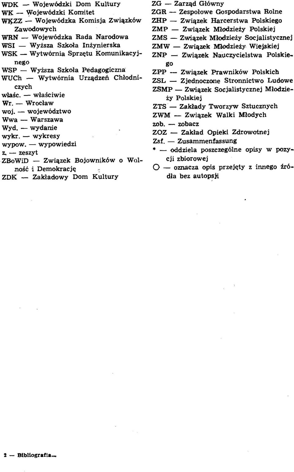 - wypowiedzi z - zeszyt ZBoWiD - Zwiazek Bojownik6w o Wo1- noic i Demokracje ZDK - Zakladowy Dom Kultury ZG - Zarzqd Gl6wny ZGR - Zespolowe Gospodarstwa Rolne WP - Zwiqzek Harcerstwa Polskiego ZMP -