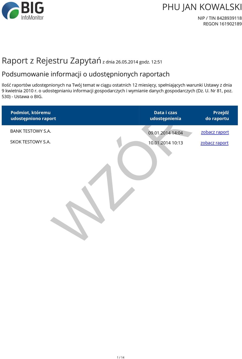 spełniających warunki Ustawy z dnia 9 kwietnia 2010 r. o udostępnianiu informacji gospodarczych i wymianie danych gospodarczych (Dz. U. Nr 81, poz.