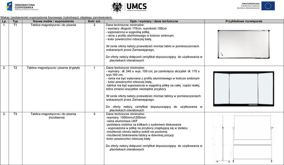 powierzchni roboczej biały, W cenie oferty należy przewidzieć montaż tablic w pomieszczeniach wskazanych przez Zamawiającego, Do oferty należy dołączeń certyfikat dopuszczający do użytkowania w
