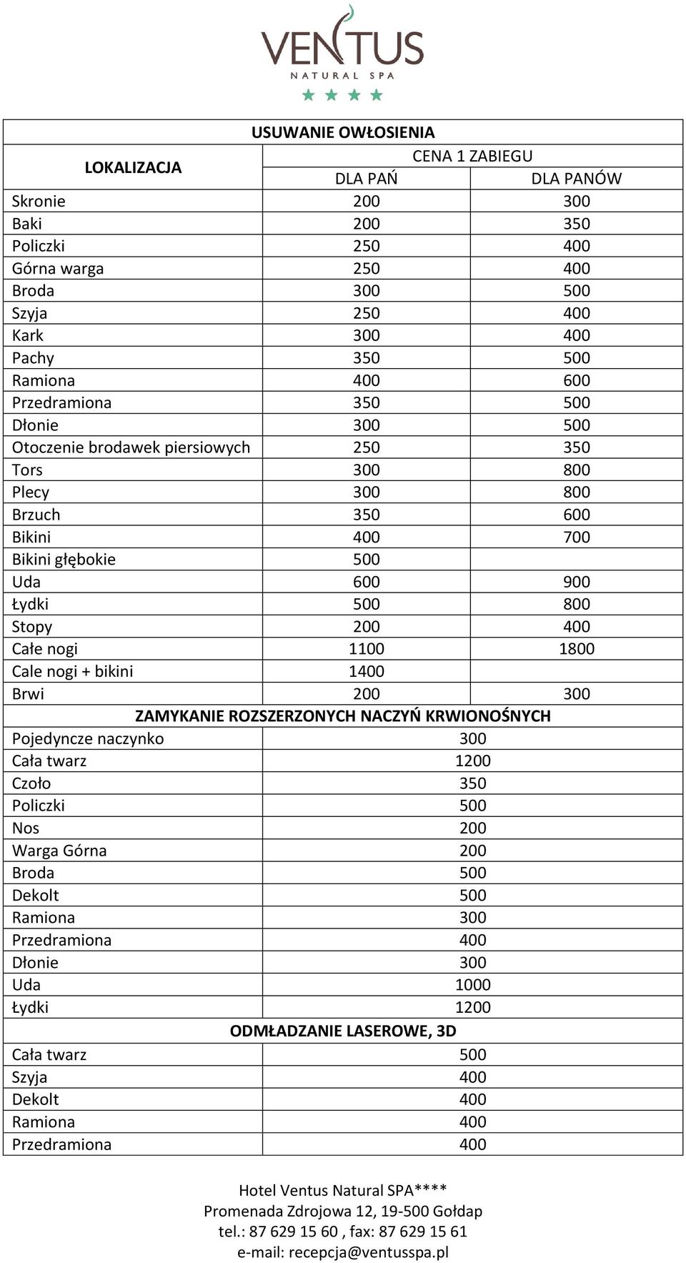 500 800 Stopy 200 400 Całe nogi 1100 1800 Cale nogi + bikini 1400 Brwi 200 300 ZAMYKANIE ROZSZERZONYCH NACZYŃ KRWIONOŚNYCH Pojedyncze naczynko 300 Cała twarz 1200 Czoło 350 Policzki 500