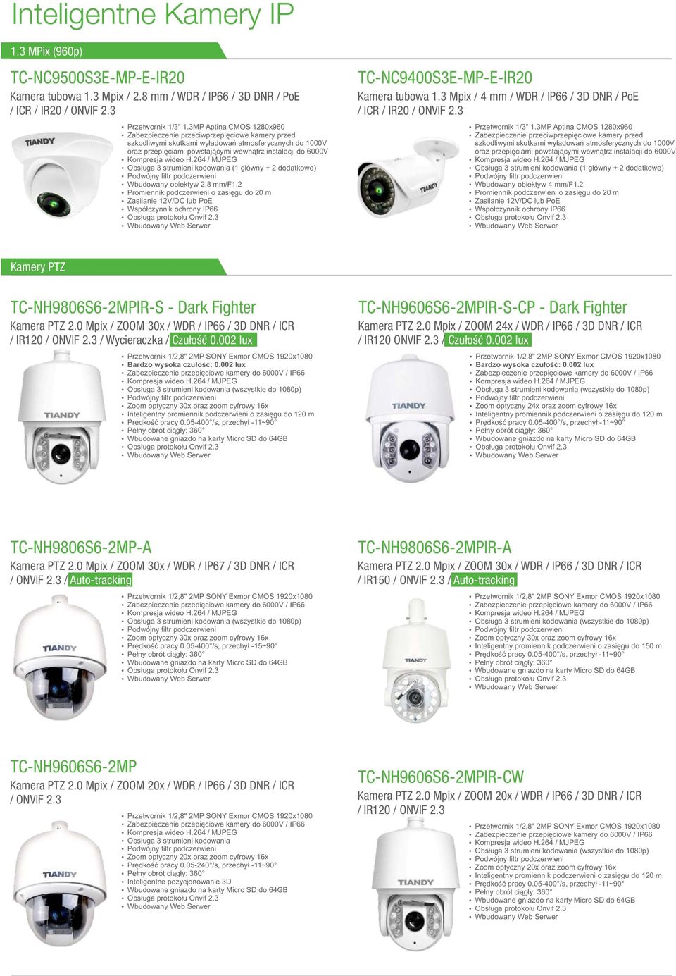 3MP Aptina CMOS 1280x960 Wbudowany obiektyw 4 mm/f1.2 Kamery PTZ TC-NH9806S6-2MPIR-S - Dark Fighter Kamera PTZ 2.0 Mpix / ZOOM 30x / WDR / IP66 / 3D DNR / ICR / IR120 / ONVIF 2.