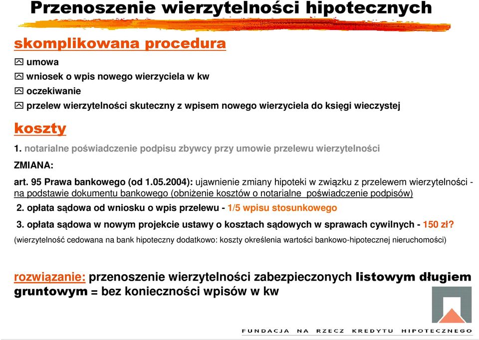 2004): ujawnienie zmiany hipoteki w związku z przelewem wierzytelności - na podstawie dokumentu bankowego (obniżenie kosztów o notarialne poświadczenie podpisów) 2.