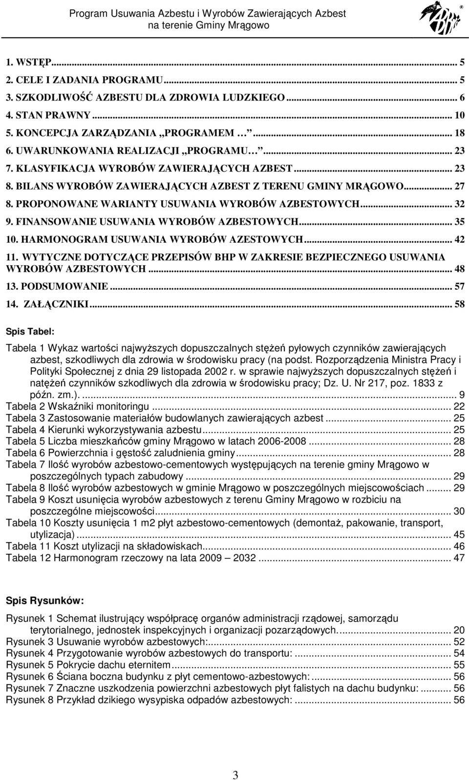 FINANSOWANIE USUWANIA WYROBÓW AZBESTOWYCH... 35 10. HARMONOGRAM USUWANIA WYROBÓW AZESTOWYCH... 42 11. WYTYCZNE DOTYCZĄCE PRZEPISÓW BHP W ZAKRESIE BEZPIECZNEGO USUWANIA WYROBÓW AZBESTOWYCH... 48 13.