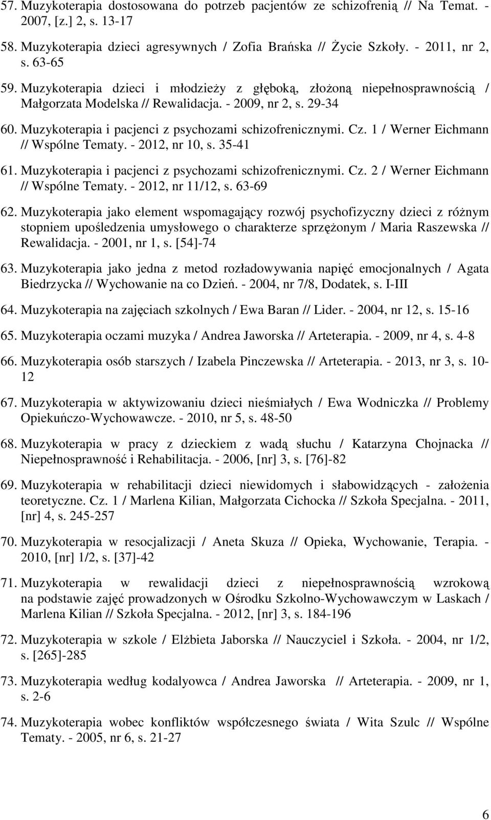 Muzykoterapia i pacjenci z psychozami schizofrenicznymi. Cz. 1 / Werner Eichmann // Wspólne Tematy. - 2012, nr 10, s. 35-41 61. Muzykoterapia i pacjenci z psychozami schizofrenicznymi. Cz. 2 / Werner Eichmann // Wspólne Tematy.