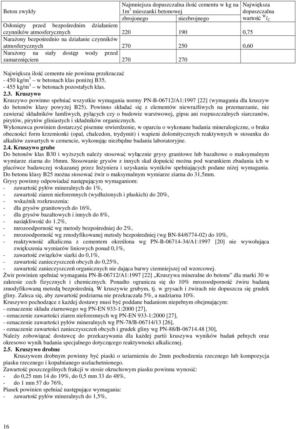 przekraczać - 450 kg/m 3 w betonach klas poniŝej B35, - 455 kg/m 3 w betonach pozostałych klas. 2.3. Kruszywo Kruszywo powinno spełniać wszystkie wymagania normy PN-B-06712/A1:1997 [22] (wymagania dla kruszyw do betonów klasy powyŝej B25).