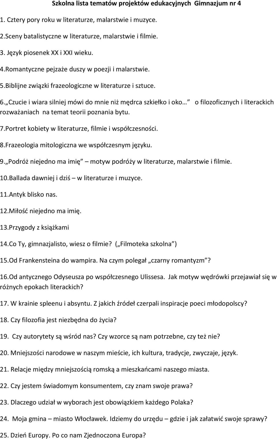 Czucie i wiara silniej mówi do mnie niż mędrca szkiełko i oko o filozoficznych i literackich rozważaniach na temat teorii poznania bytu. 7.Portret kobiety w literaturze, filmie i współczesności. 8.