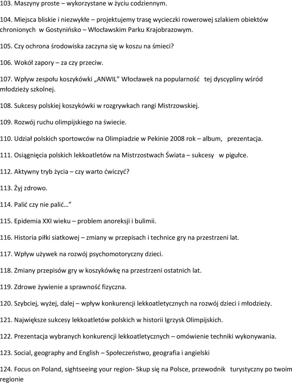 Czy ochrona środowiska zaczyna się w koszu na śmieci? 106. Wokół zapory za czy przeciw. 107. Wpływ zespołu koszykówki ANWIL Włocławek na popularność tej dyscypliny wśród młodzieży szkolnej. 108.