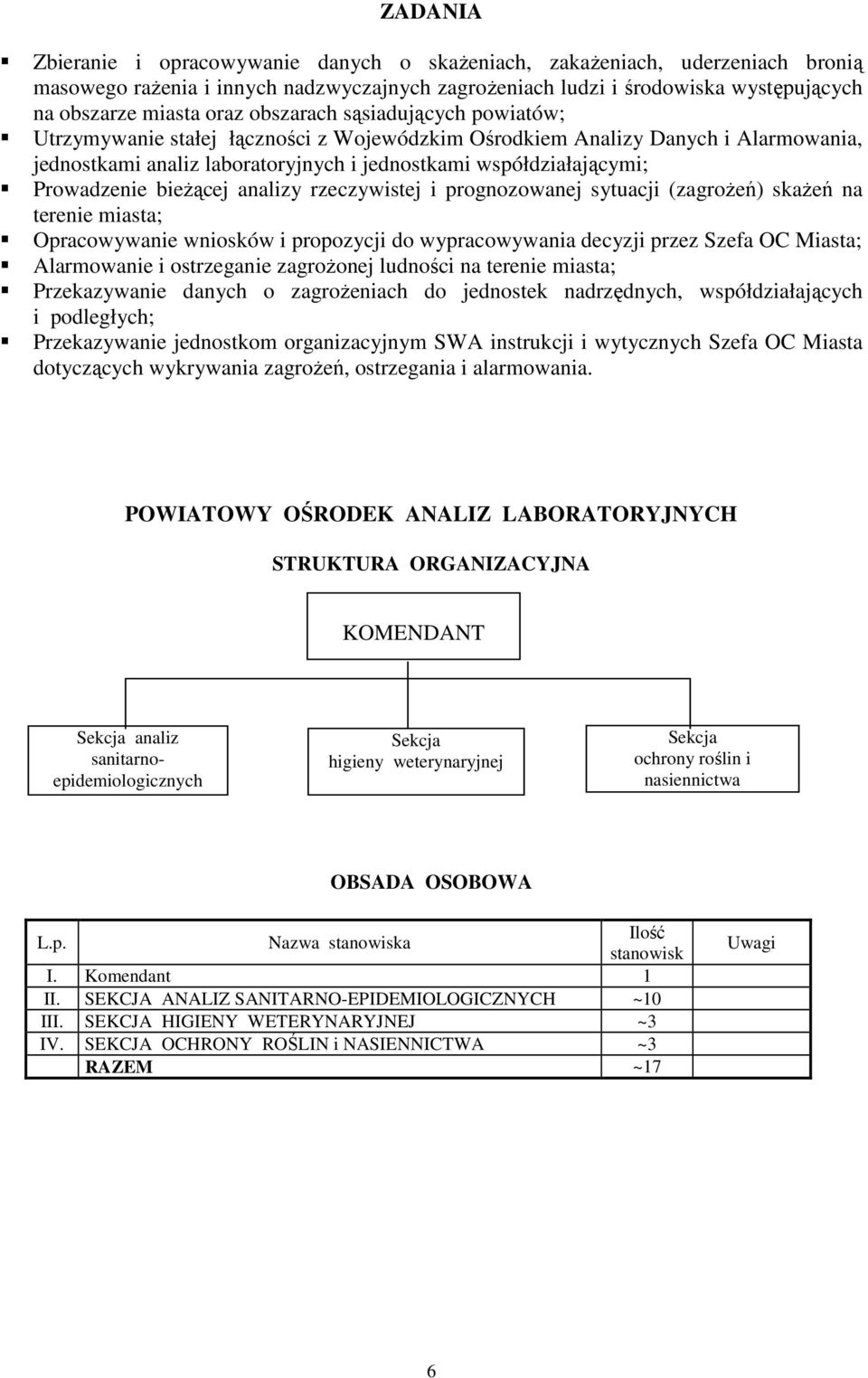 bieŝącej analizy rzeczywistej i prognozowanej sytuacji (zagroŝeń) skaŝeń na terenie miasta; Opracowywanie wniosków i propozycji do wypracowywania decyzji przez Szefa OC Miasta; Alarmowanie i
