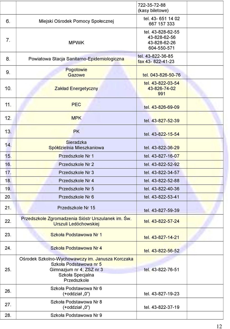 43-827-52-39 13. PK 14. tel. 43-822-15-54 Sieradzka Spółdzielnia Mieszkaniowa tel. 43-822-36-29 15. Przedszkole Nr 1 tel. 43-827-16-07 16. Przedszkole Nr 2 tel. 43-822-52-92 17. Przedszkole Nr 3 tel.