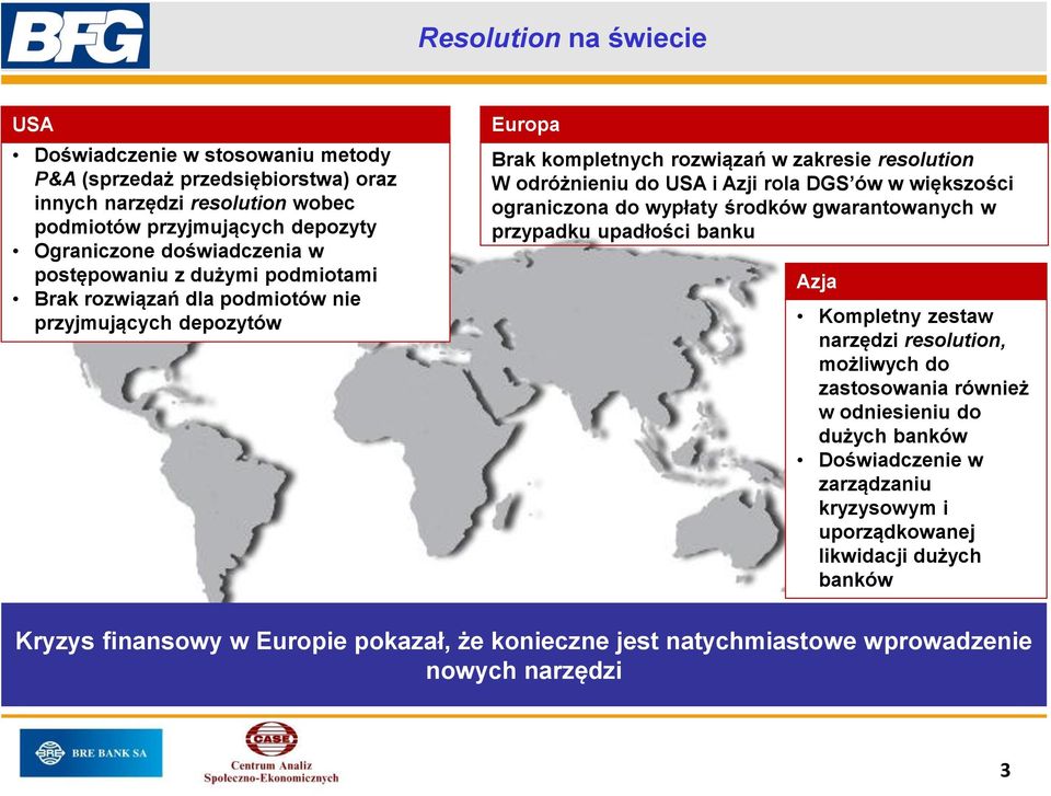 Azji rola DGS ów w większości ograniczona do wypłaty środków gwarantowanych w przypadku upadłości banku Azja Kompletny zestaw narzędzi resolution, możliwych do zastosowania również w