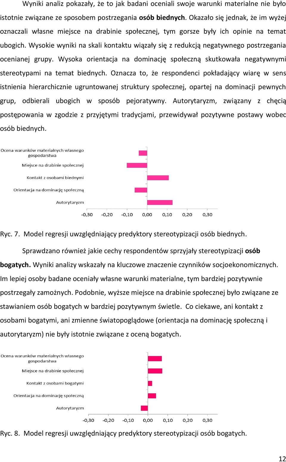 Wysokie wyniki na skali kontaktu wiązały się z redukcją negatywnego postrzegania ocenianej grupy. Wysoka orientacja na dominację społeczną skutkowała negatywnymi stereotypami na temat biednych.