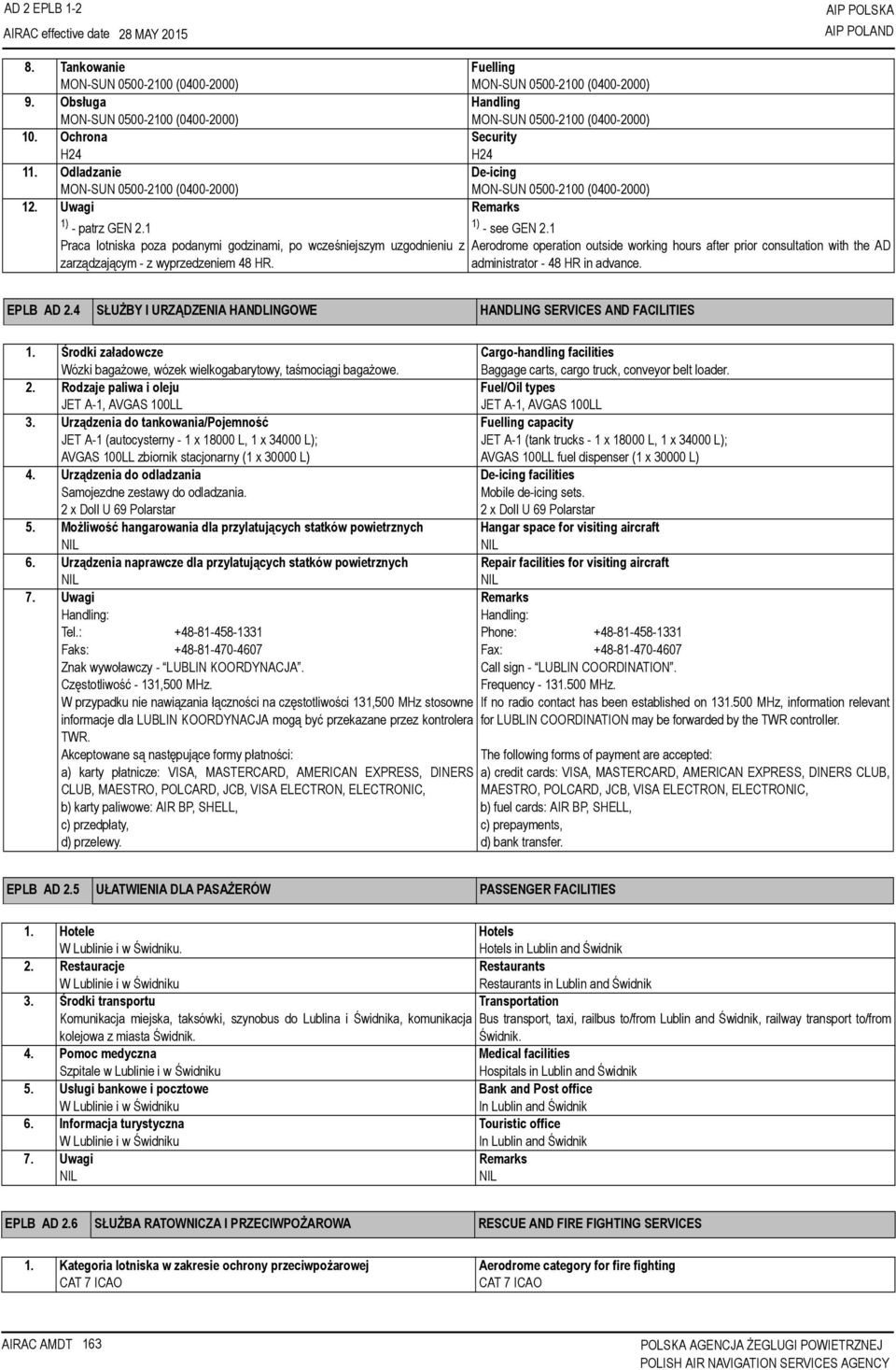 1) - patrz GEN 2.1 Praca lotniska poza podanymi godzinami, po wcześniejszym uzgodnieniu z zarządzającym - z wyprzedzeniem 48 HR. 1) - see GEN 2.