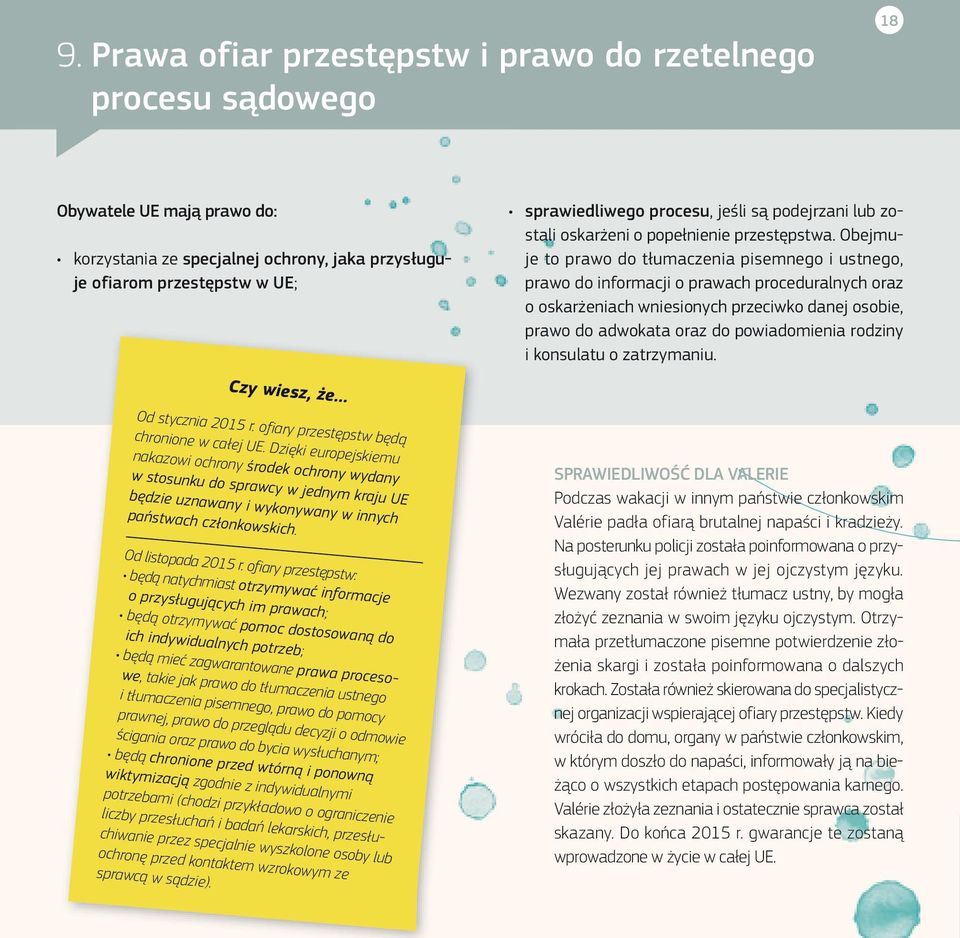 Obejmuje to prawo do tłumaczenia pisemnego i ustnego, prawo do informacji o prawach proceduralnych oraz o oskarżeniach wniesionych przeciwko danej osobie, prawo do adwokata oraz do powiadomienia