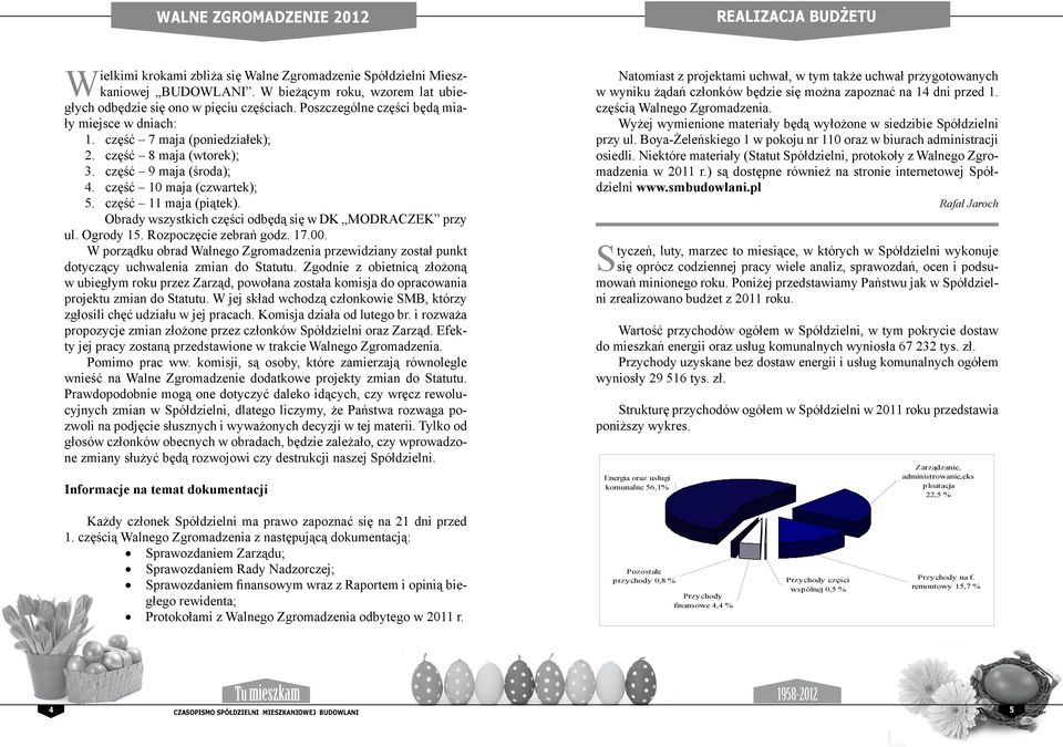 część 9 maja (środa); 4. część 10 maja (czwartek); 5. część 11 maja (piątek). Obrady wszystkich części odbędą się w DK MODRACZEK przy ul. Ogrody 15. Rozpoczęcie zebrań godz. 17.00.