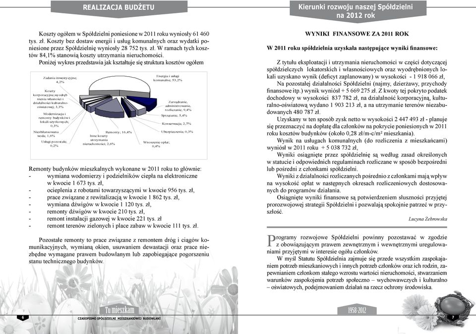 Poniżej wykres przedstawia jak kształtuje się struktura kosztów ogółem Zadania inwestycyjne; 4,2% Koszty korporacyjne,wyodręb nienia własności i działalności kulturalnooświatowej; 3,3% Modernizacja i