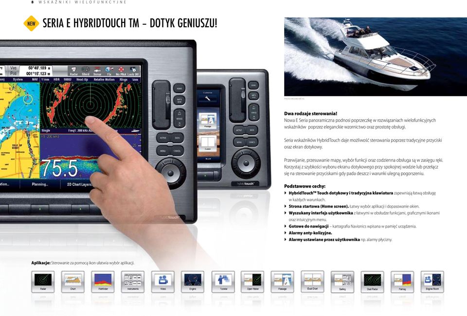 Seria wskaźników HybridTouch daje możliwość sterowania poprzez tradycyjne przyciski oraz ekran dotykowy. Przewijanie, przesuwanie mapy, wybór funkcji oraz codzienna obsługa są w zasięgu ręki.