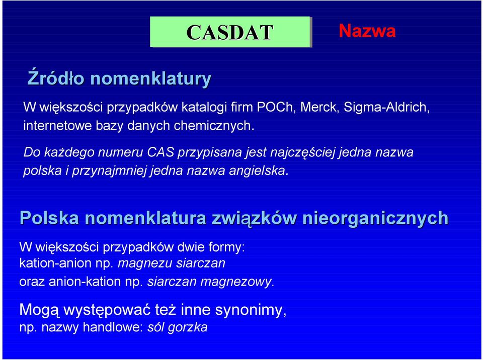 Do każdego numeru CAS przypisana jest najczęściej jedna nazwa polska i przynajmniej jedna nazwa angielska.